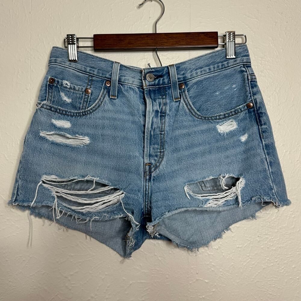 Levi 501 Original High rise Button Fly Distressed Denim Shorts Size Woman 27